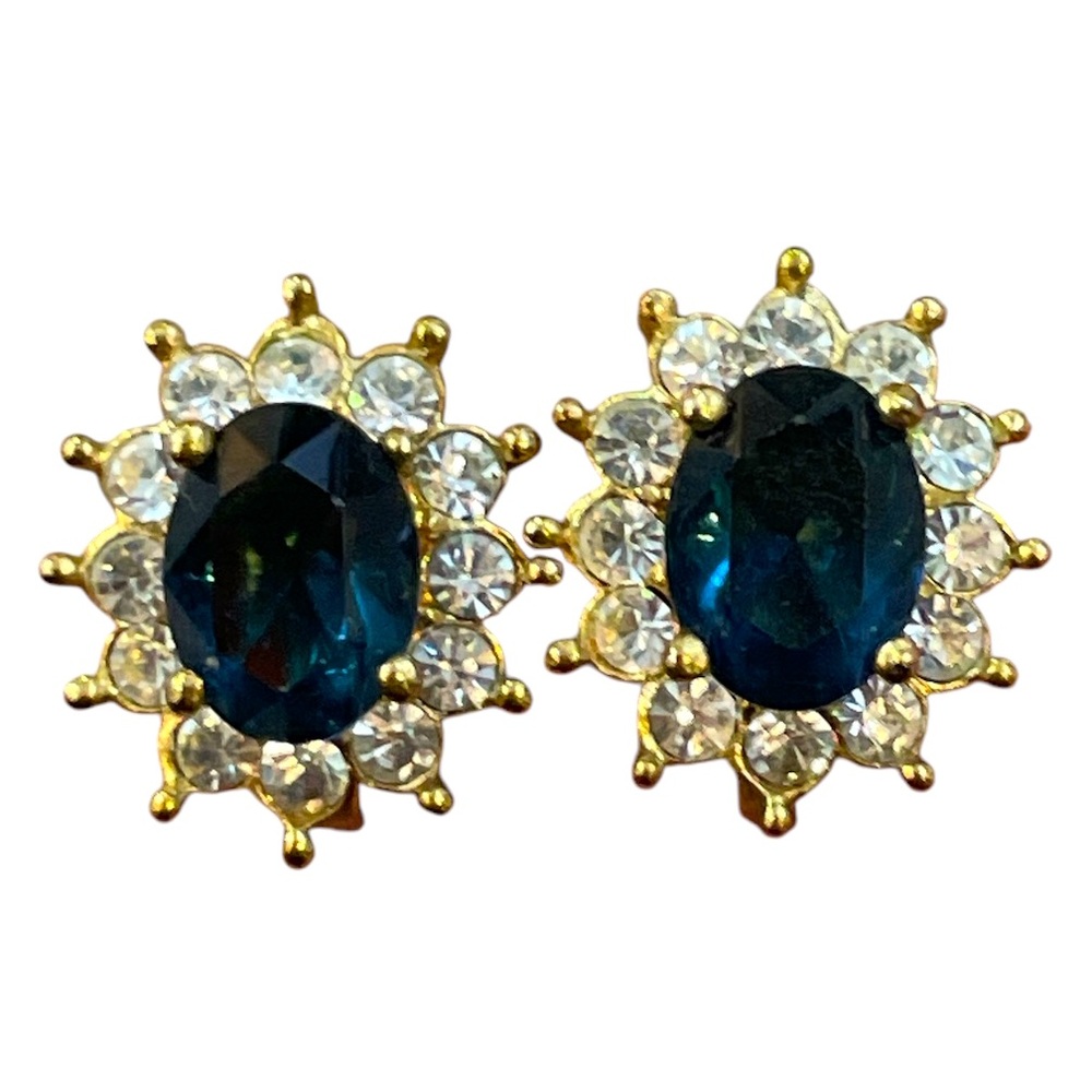 Vintage Roman Sapphire and Clear Rhinestone Earrings Clip On Oval